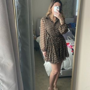 ZARA BROWN GEO PRINT GOLD LUREX VOLUMINOUS RUFFLED HEM SHIRT SKATER SHORT DRESS